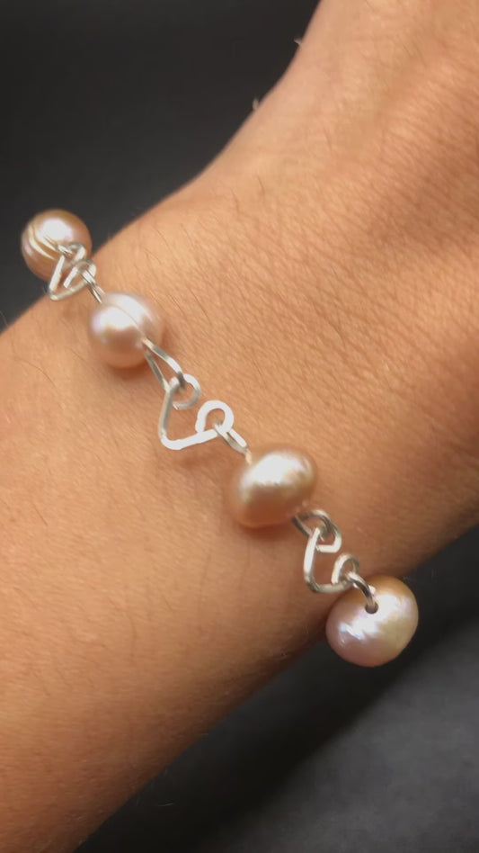 Sterling Silver Heart Link Bracelet with Freshwater Pearls